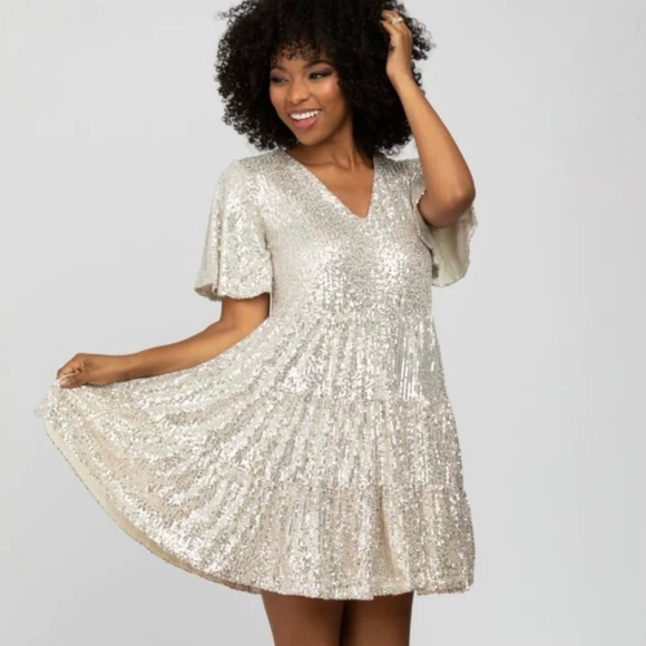 PinkBlush Champagne Sequins Short Sleeve Dress Size M - Picture 1 of 10